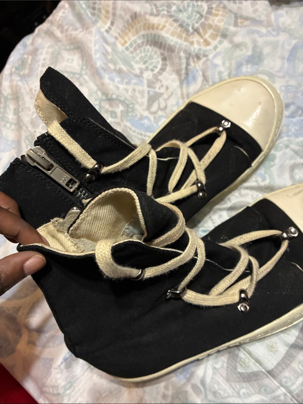 Rick Owens Black High-Top Canvas Sneakers with Cream Accents